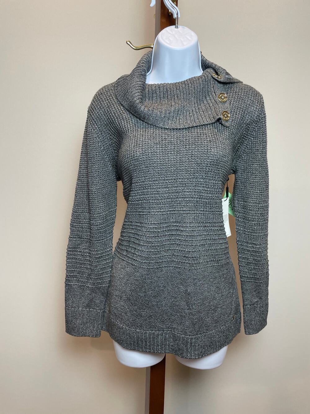 Calvin Klein Black & White Knit Sweater Gold Button Collar NWT Petite M